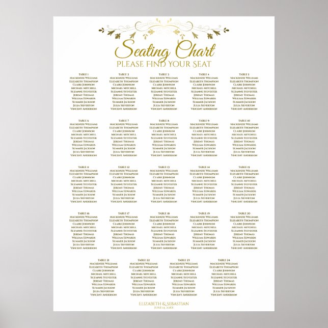 24 Table Simple Chic Gold Wedding Seating Chart (Front)