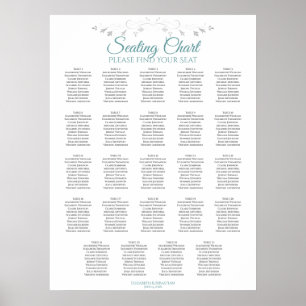24 Table Teal on White Wedding Seating Chart