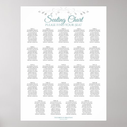 24 Table Teal on White Wedding Seating Chart