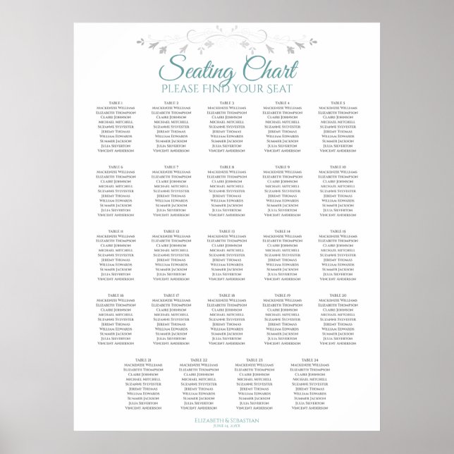 24 Table Teal on White Wedding Seating Chart (Front)