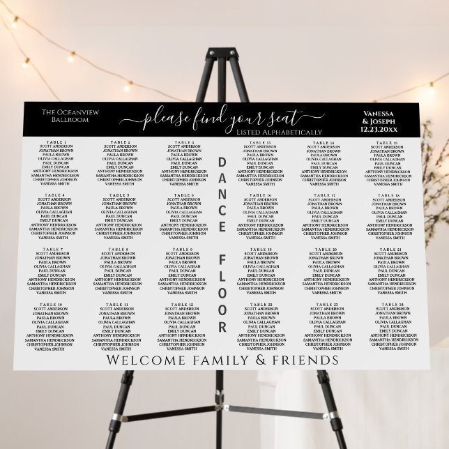 24 Table Wedding Seating Chart Formal Black White Foam Board (In Situ (Stand))