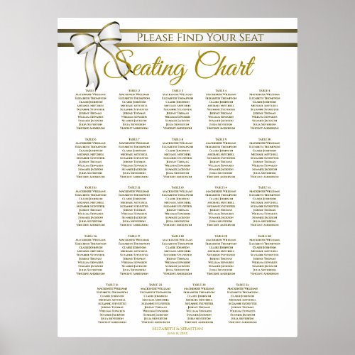 24 Table White  Gold Ribbon Wedding Seating Chart