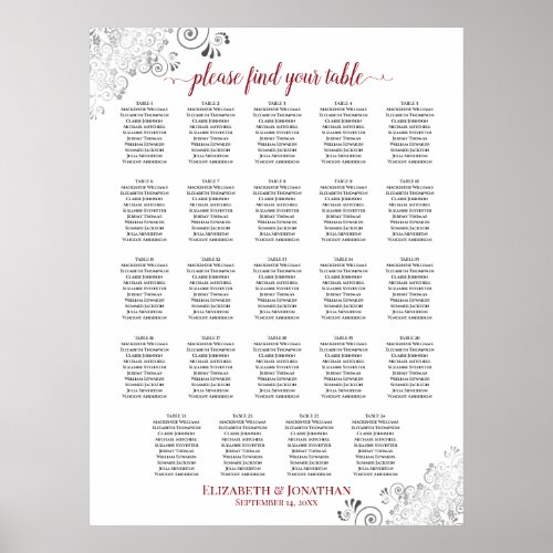 24 Table White  Red Chic Wedding Seating Chart