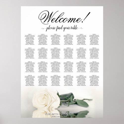 24 Table White Rose Elegant Wedding Seating Chart