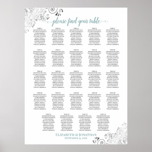 24 Table White  Teal Chic Wedding Seating Chart