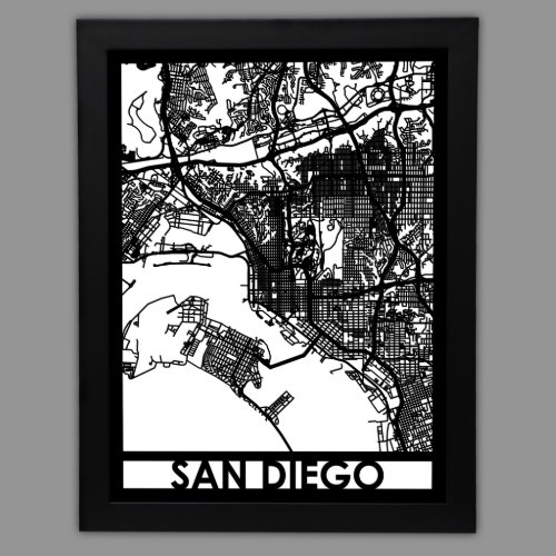24 X 18 Cut Out San Diego City Map Framed