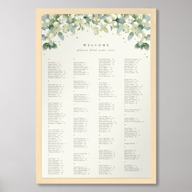 24 x 36" Alphabetical Seating Chart for 200 People (Framed Front)