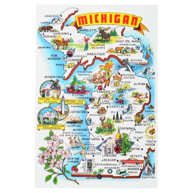 24 x 36 Michigan Postcard Map Metal Print (Front)