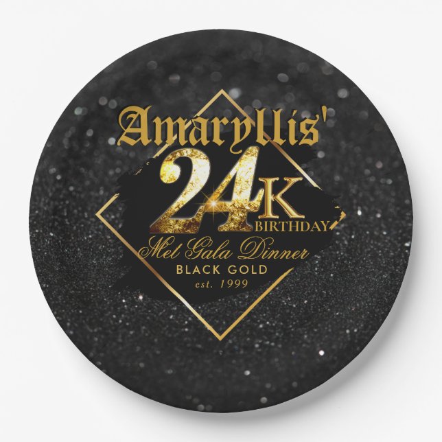 24K Black Glitter & Gold Elegant Birthday Paper Plates (Front)