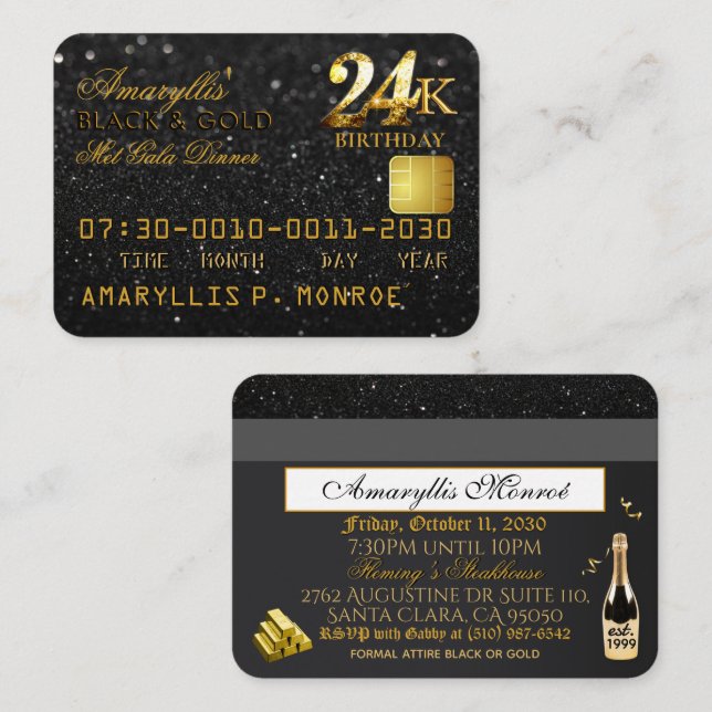 24K Black|Gold Credit Card Birthday Invitations (Front/Back)