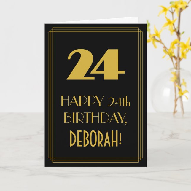 24th Birthday – Art Deco Inspired Look "24" & Name Card (Yellow Flower)