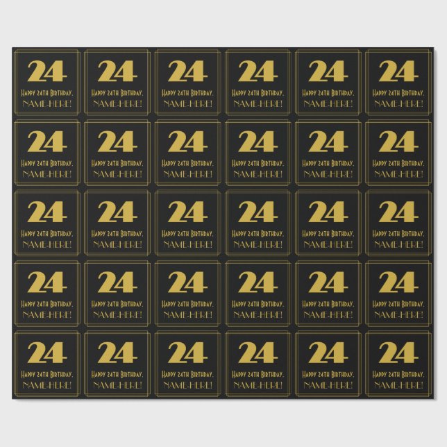 24th Birthday – Art Deco Inspired Look "24" & Name Wrapping Paper (Flat)