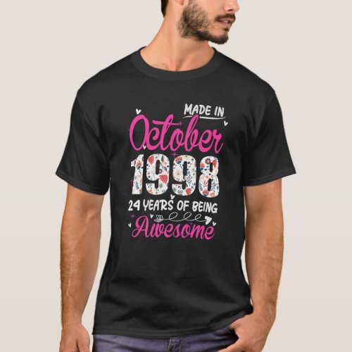 24th Birthday Awesome Since October 1998 Floral Pr T_Shirt