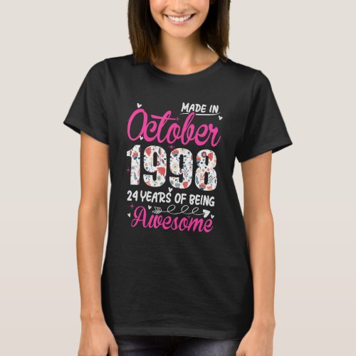 24th Birthday Awesome Since October 1998 Floral T_Shirt