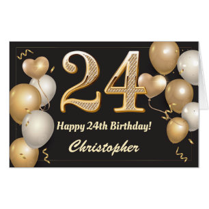 24th Birthday Black and Gold Balloons Extra Large Card