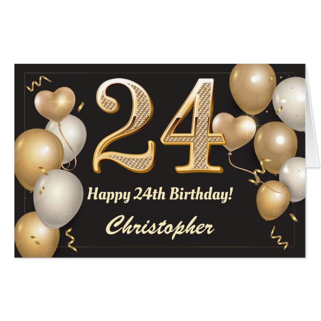 24th Birthday Black and Gold Balloons Extra Large Card (Front Horizontal)