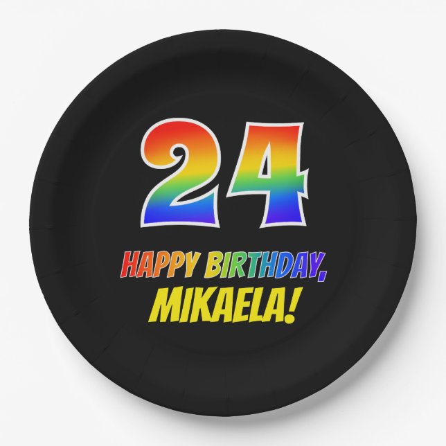 24th Birthday: Bold, Fun, Simple, Rainbow 24 Paper Plates (Front)