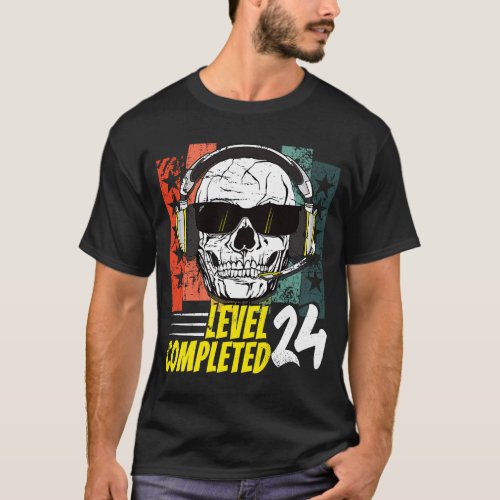 24th Birthday Boy Girl 24 Years Retro Skull Gaming T_Shirt