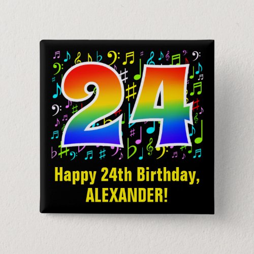 24th Birthday Colorful Music Symbols Rainbow 24 Button