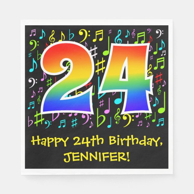 24th Birthday - Colorful Music Symbols, Rainbow 24 Napkins (Front)