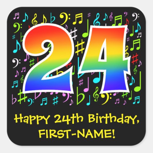 24th Birthday Colorful Music Symbols Rainbow 24 Square Sticker