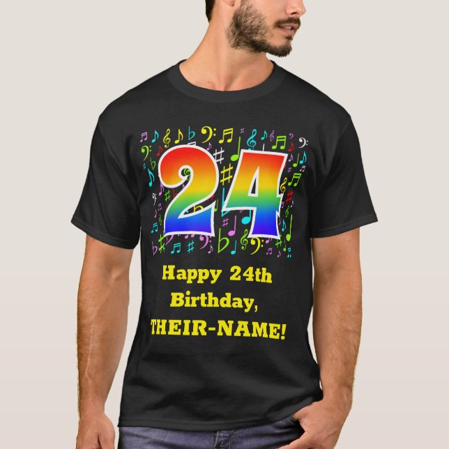 24th Birthday: Colorful Music Symbols, Rainbow 24 T-Shirt (Front)