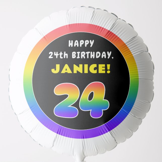 24th Birthday: Colorful Rainbow # 24, Custom Name Balloon (Front)