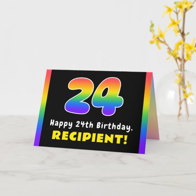 24th Birthday: Colorful Rainbow # 24, Custom Name Card (Yellow Flower)