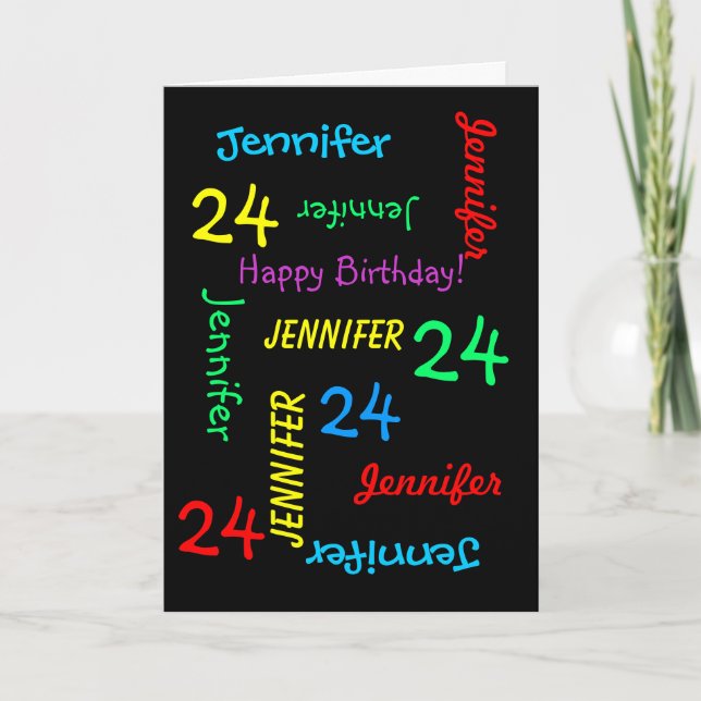 24th Birthday Custom Card Any Name, Black (Front)