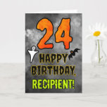 24th Birthday: Eerie Halloween Theme   Custom Name Card<br><div class="desc">The front of this scary and spooky Hallowe’en themed birthday greeting card design features a large number “24”. It also features the message “HAPPY BIRTHDAY, ”, and a custom name. There are also depictions of a bat and a ghost on the front. The inside features a customized birthday greeting message,...</div>