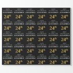[ Thumbnail: 24th Birthday: Elegant, Black, Faux Gold Look Wrapping Paper ]