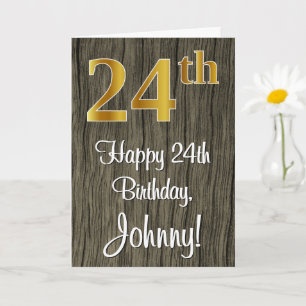 24th Birthday: Elegant Faux Gold Look #, Faux Wood Card