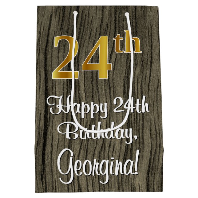 24th Birthday: Elegant Faux Gold Look #, Faux Wood Medium Gift Bag (Back)