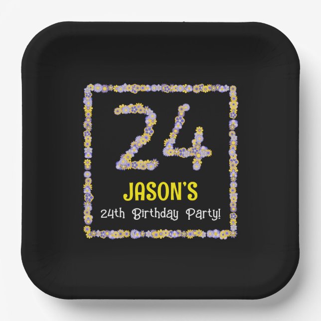 24th Birthday: Floral Flowers Number, Custom Name Paper Plates (Front)