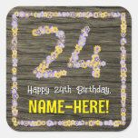 [ Thumbnail: 24th Birthday: Floral Number, Faux Wood Look, Name Sticker ]