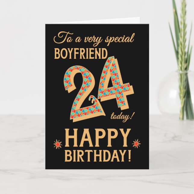 24th Birthday, for Boyfriend, Gold Effect on Black Card (Front)