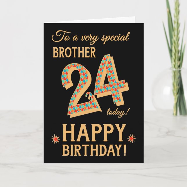 24th Birthday, for Brother, Gold Effect on Black Card (Front)
