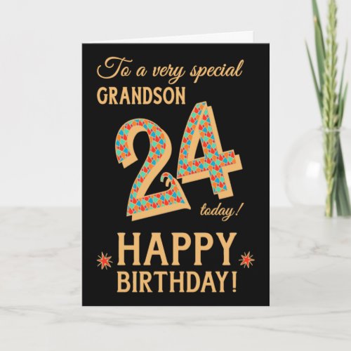 24th Birthday for Grandson Gold Effect on Black Card
