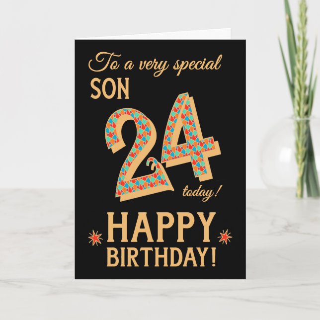 24th Birthday, for Son, Gold Effect on Black Card (Front)