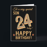 24th Birthday, for Son, Gold Effect on Black Card<br><div class="desc">A chic 24th Birthday Card for a very special Son, with the number, 24, in a bright mosaic pattern with a gold-effect outline and all the text in gold-effect lettering (ie not metallic paint). A bright red and gold-effect star is beside the 'Happy Birthday' on this striking digital design by...</div>