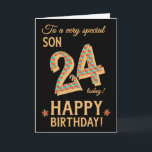 24th Birthday, for Son, Gold Effect on Black Card<br><div class="desc">A chic 24th Birthday Card for a very special Son, with the number, 24, in a bright mosaic pattern with a gold-effect outline and all the text in gold-effect lettering (ie not metallic paint). A bright red and gold-effect star is beside the 'Happy Birthday' on this striking digital design by...</div>