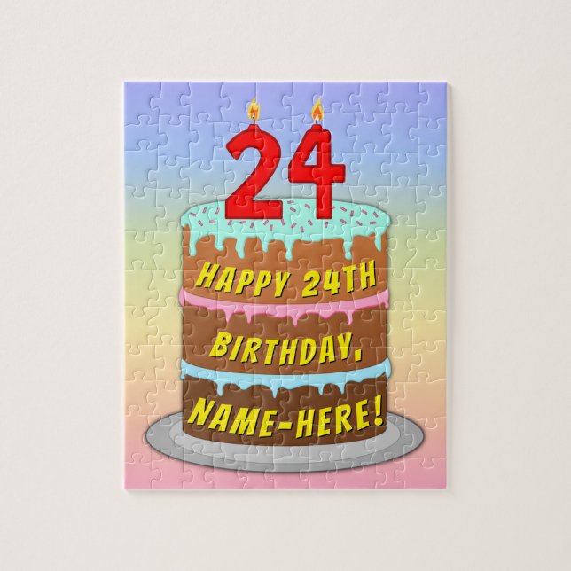 24th Birthday: Fun Cake and Candles + Custom Name Jigsaw Puzzle (Vertical)