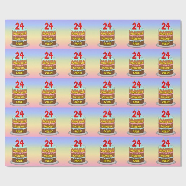 24th Birthday: Fun Cake and Candles + Custom Name Wrapping Paper (Flat)