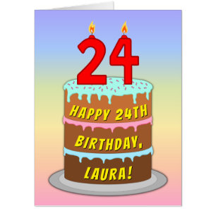 24th Birthday: Fun Cake & Candles, w/ Custom Name Card