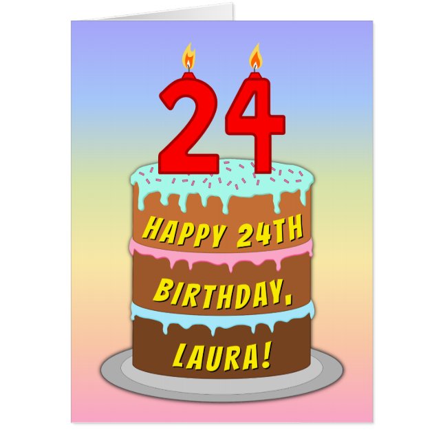 24th Birthday: Fun Cake & Candles, w/ Custom Name Card (Front)