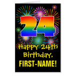 [ Thumbnail: 24th Birthday: Fun Fireworks Pattern & Rainbow 24 Card ]