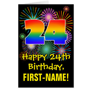 24th Birthday: Fun Fireworks Pattern & Rainbow 24 Card