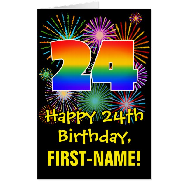 24th Birthday: Fun Fireworks Pattern & Rainbow 24 Card (Front)