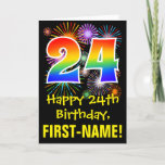 [ Thumbnail: 24th Birthday: Fun Fireworks Pattern + Rainbow 24 Card ]