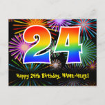 [ Thumbnail: 24th Birthday – Fun Fireworks Pattern + Rainbow 24 Postcard ]